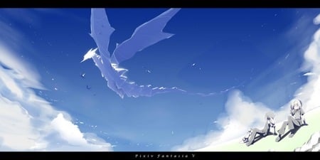 Sky Dragon - sky, girl, clouds, boy, dragon, pixiv fantasia v