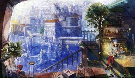 My World - stairs, bed, landscape, desk, trees, girl, magic, jellyfish, buildings, plants, pantyhose, books, flowers, dress