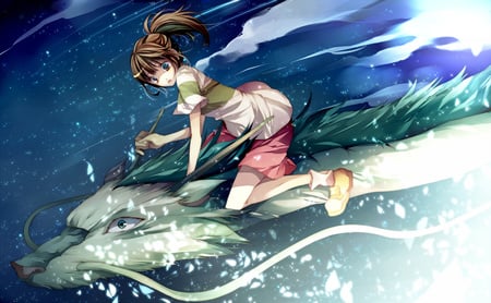 spirited away - ogino chihiro, girl, water, nigihayami kohaku nushi, dragon