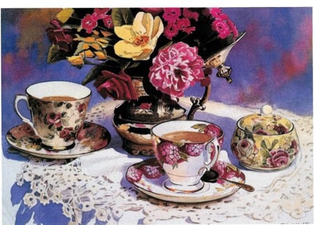 Tea time - table, flowers, saucer, vase, cup, sugarbowl