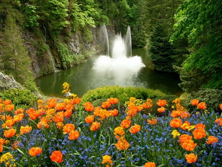 Perfect place - perfect place, blue flowers, yellow flowers, water, waterfalls, plants