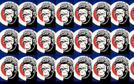 Hail To The Chimp - elizabeth, queen, banksy, graffiti, art, monkey, chimp