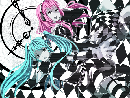 Hatsune Miku & Megurine Luka - virtual, miku, vocaloids, song, microphone, megurine, singer, megurine luka, pale, cool, pink, headphones, awesome, vocaloid, thighhighs, anime, twintail, blue, aqua hair, hatsune, black, cute, beautiful, hot, girl, anime girl, white, pink hair, luka, checkered, program, aqua eyes, pretty, aqua, beauty, dress, diva, nice, sexy, idol, headset, music, hatsune miku