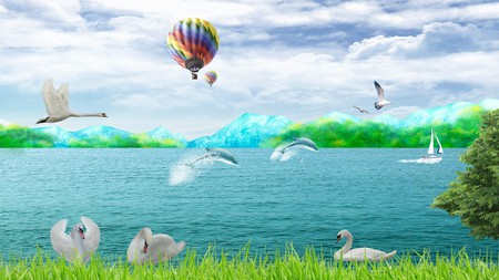 Cloudy Summer Day - dolphins, summer, grass, sky, clouds, balloon, swans, sea, sea birds, sailboat