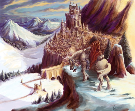 My Kingdom - abstract, warrior, town, fantasy, king, mountains, castle, bridge, wallpaper