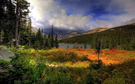 Landscape - beauty, sky, trees, peaceful, water, colorful, mountains, view, clouds, green, grass, lake, landscape, lovely, nature, woods, forest, beautiful, splendor, colors