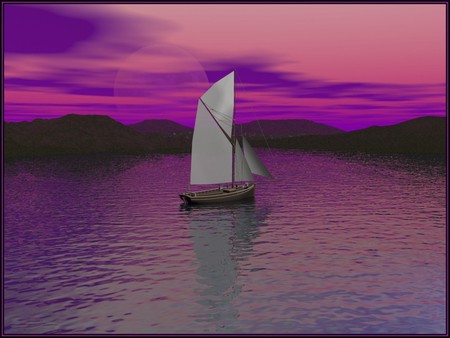 PURPLE HAZE - clouds, moon, haze, ocean, pink, purple, sail boat, dusk, sky