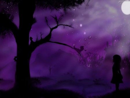 PURPLE NIGHT - moon, sky, purple, night, tree, little girl