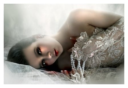 Just a little Blood - pearls, people, female, artwork, lace, vampire, model