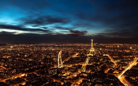 Paris - sky, eiffel tower, night, paris, buildings, skyscrapers, france, beautiful, clouds, architecture, monuments, lights