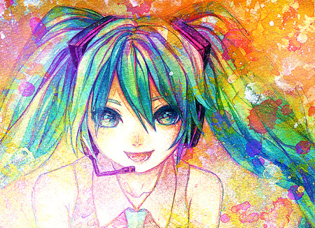 Hatsune Miku - aqua, headset, colorful, music, anime girl, art, purple, cool, digital art, aqua eyes, artistic, hatsune miku, song, vocaloids, program, vocaloid, beautiful, uniform, diva, beauty, nice, twintail, singer, aqua hair, virtual, painting, pretty, idol, orange, green, anime, miku, cute, raindow, girl, drawing, cg, hatsune, microphone, blue, headphones, tie, awesome, colors, digital