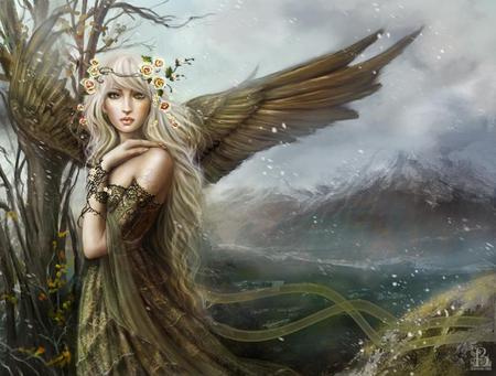 The Solitude of an Angel - woman, mountain, girl, angel, roses, blond, wings, rose, fantasy, tattoo, nature, clouds, beautiful, tree, flowers, flower