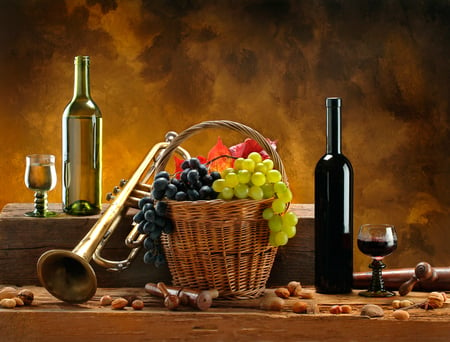 still life - cups, almonds, photo, white wine, music, wine, old, nice, fruits, red wine, hazelnuts, nuts, beautiful, photography, cool, still life, drink, harmony, basket, grapes, trumpet, walnuts