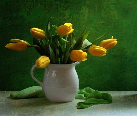 still life - elegantly, yellow, beautiful, photography, kettle, photo, cool, flower, still life, bouquet, tulip, harmony, flowers, tulips, green, nice