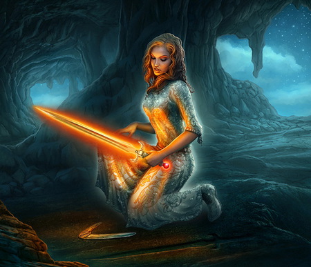 magic sword - cave, abstract, fantasy, girl, sword, night, wallpaper, moonlight