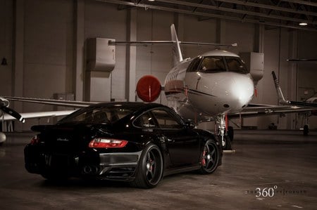 Porsche-997 - black, plane, custom wheels, porsche