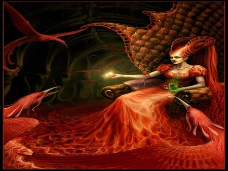 RED QUEEN - queen, abstract, female, red, wallpaper, fantasy, surreal, birds