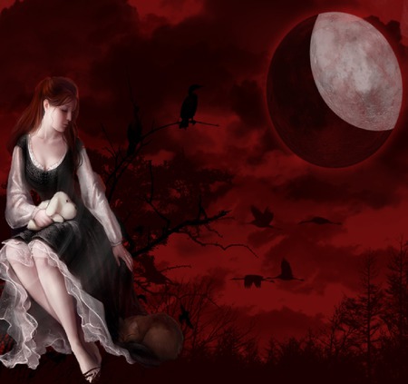 the deathly mist - buity, moon, dark side, red, crows, tree