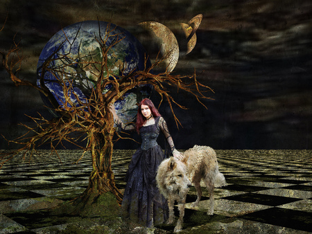 Strange friendship - woman, black, fantasy, white, dark, clouds, tree, moon, lady, planets, girl, night, wolf, abstract, 3d, friends, friendship, strange