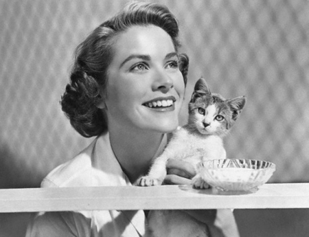 Grace Kelly with her cat (for carmen) - woman, hollywood, actress, cat, people, photography, pet, black and white, star, grace kelly, photo