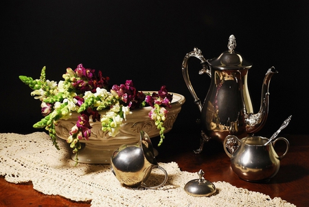 Sunday Silver - silver, bowl, beautiful, flowers, sugar, still life, milk pot, teapot