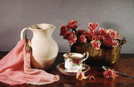 pink for tea - flowers, shawl, beautiful, tea, pink, still life, bowle, cup