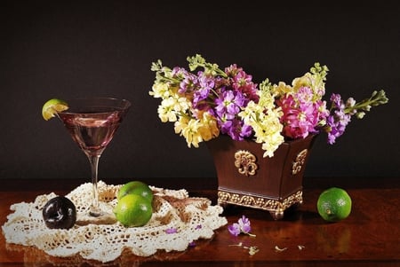 still life - vine, glass, fruits, beautiful, flowers, still life, vase