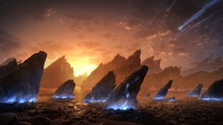 Planet X-707 - clouds, pretty, blue light, horizon, meteor, planet, beautiful, structures, stones, stunning, space, sunset, shooting star, mountains, sky, rocks