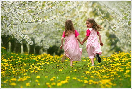 Joy - girls, blooming trees, spring, field, yellow flowers, joy