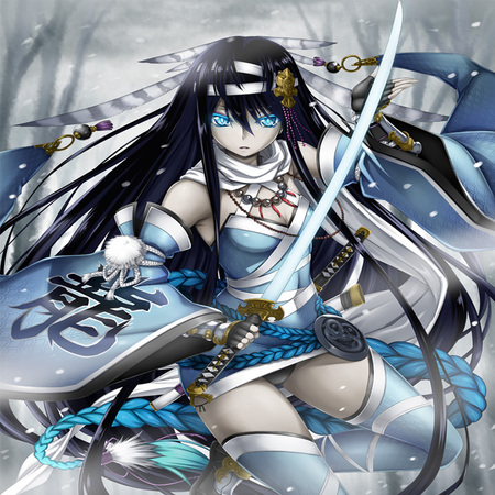 warrior - katana, black hair, feather, blue eyes