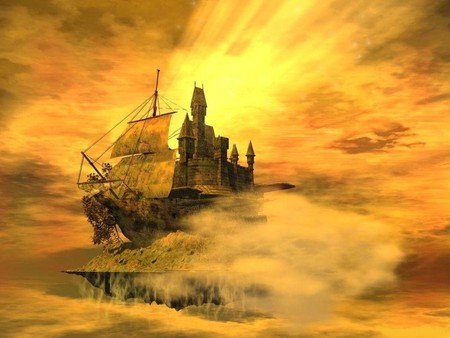 Castle on the ship - sky, fantasy, ship, castle, sun