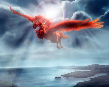 red pegasus - clouds, pegasus, ocean, light, horse, fantasy, nature, red, sky