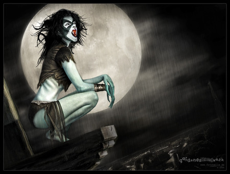 Under the Moon - vampire, perched, full moon, painted