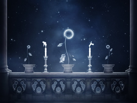 Angels and Flowers !!! - moon, star, abstract, candle, 3d-art, dark blue