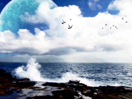 Planet With Waves and Birds !!! - cloud, 3d-art, bird, planet, sea, abstract