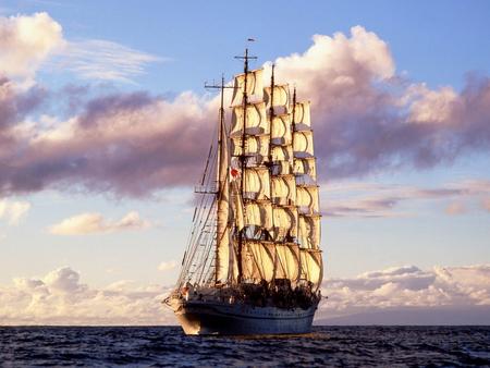 Great Voyage !!! - cloud, sky, background, fantasy, ship, sea, abstract, blue