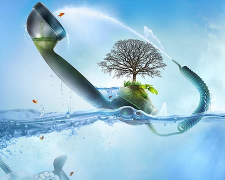 Hello World With Aquarium !!! - abstract, 3d-art, light blue, fish, tree, reciever