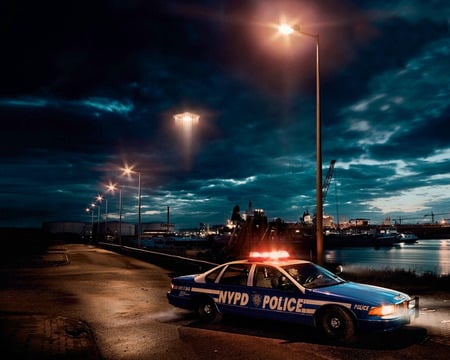 Unrecognized flying object - sky, light, night, ufo, funny, police, fantasy, abstract, 3d