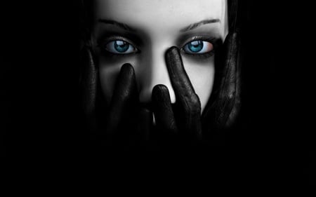 Mystic Eyes - blue, mystic, girl, eyes, gothic, dark, black, fantasy, woman, 3d, gloves, blue eyes