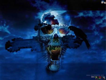 Vengence, Cross and Raven - skull, cross, clouds, blue, night, raven