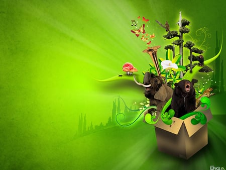 Music In Green Jungle !!! - abstract, background, music, green, 3d-art, animal