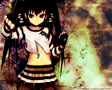 Angry anime girl - anime, dress, girl, cool, pink, dark, red eyes, black, hands, black hair, cute, loli