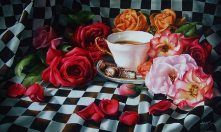 Life's wonders - cloth, candy, drink, roses, saucer, cup