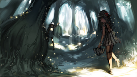 Hide and seek - girls, elves, seek, long hair, wood, collect, hide, anime, tree