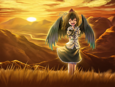 Shameimaru Dusk - shameimaru aya, touhou, panorama, dusk, happy