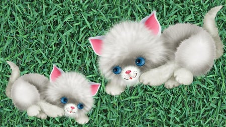 Cat and Kitty - cute, cat, grass, kitty, kitten, firefox persona, fluffy white cat, feline, blue eyes