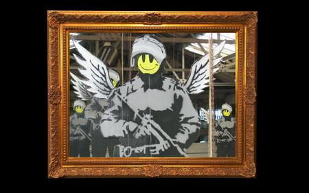 Banksy Riot Police - art, smiley, angel, banksy, graffiti, police, riot, cops