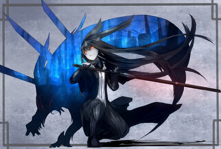 Pixiv Fantasia - wolf, long hair, sword, black hair, pixiv fantasia