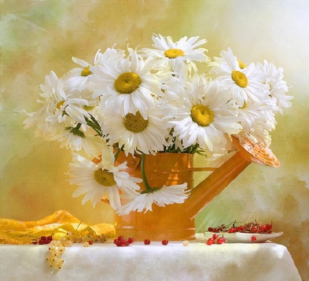 Daisy day - daisies, flowers, berries, yellow, beautiful, table, petals, watering can