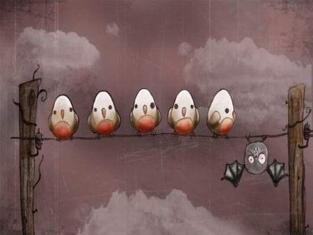 Points of View - wire, funny, cute, clouds, bats, chicken